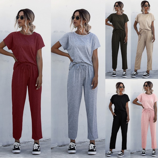 2-piece Solid Short-sleeve Tee And Pants Active Set