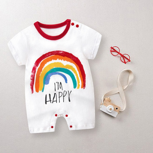 Baby I’M HAPPY Letter Print Rainbow Bodysuits