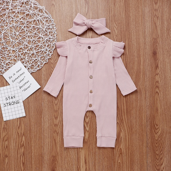 Baby Solid Flounced Jumpsuit with Headband Set