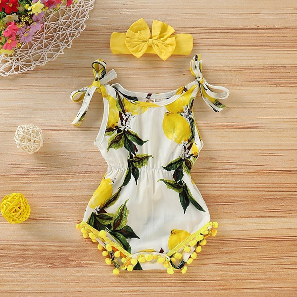 Baby Girl Lemon Allover Sleeveless Romper and Headband
