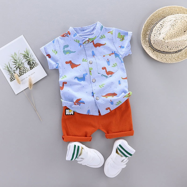 Dinosaur Print Short-sleeve Shirt and Pants Set