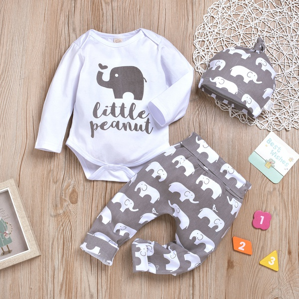 3-piece Baby LITTLE PEANUT Elephant Bodysuit and Pants with Hat Set