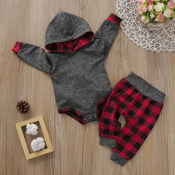 Baby Boy Trendy Solid Long-sleeve Hooded Bodysuit and Plaid Pants Set