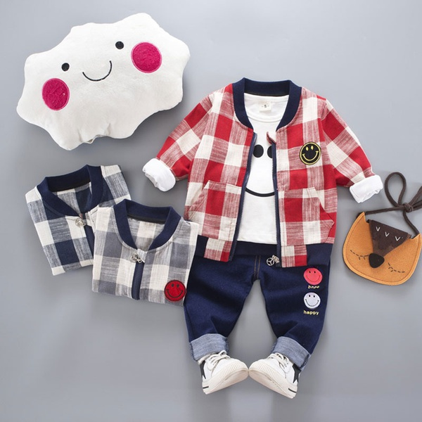 Baby and Toddler Boys 3-piece Smiling Face Tee Plaid Coat and Pants