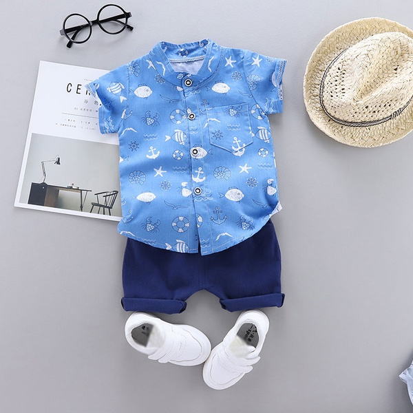 Animal Print Short-sleeve Shirt and Solid Pants Set