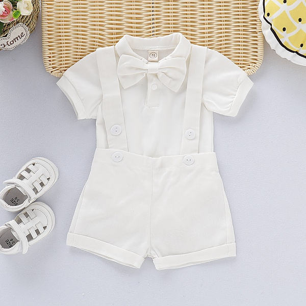 Handsome Solid Bow Tie Bodysuit and Suspender Shorts Set