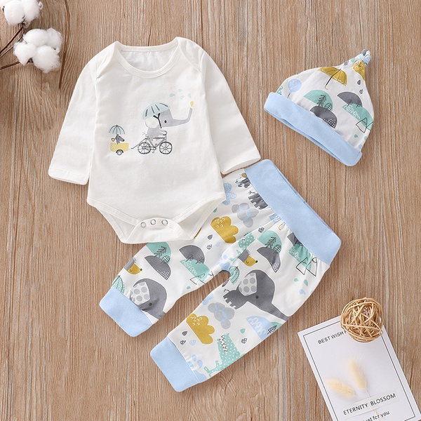 3-piece Cute Elephant Print Bodysuit, Animal Patterned Pants and Hat Set
