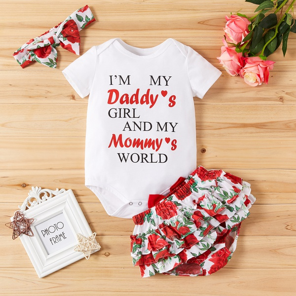 3-piece Baby I’M MY DADDY’S AND MY MOMMY’S WORLD Romper and Layered Floral Shorts with Headband Set