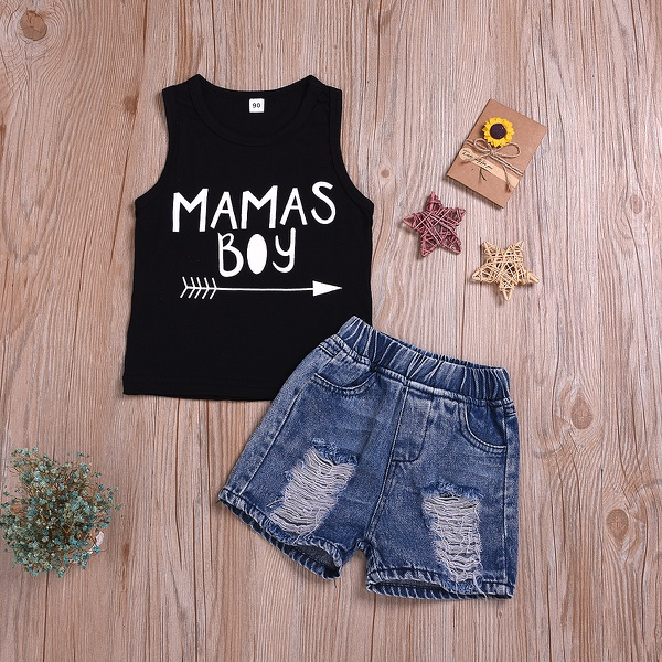 Letter Print Sleeveless Top and Denim Shorts Set