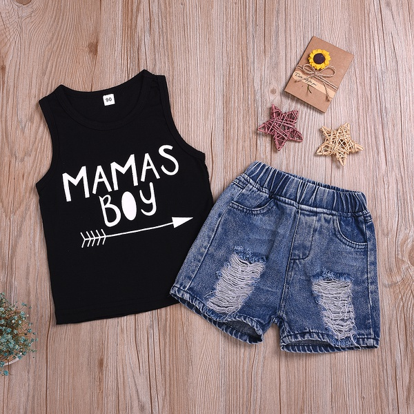 Letter Print Sleeveless Top and Denim Shorts Set