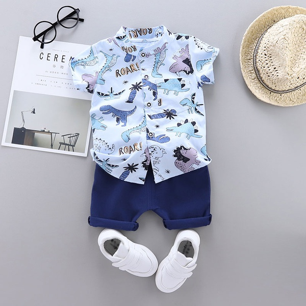 Dinosaur Print Short-sleeve Shirt and Solid Pants Set