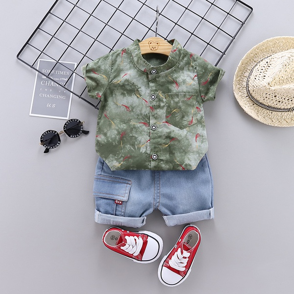 Brush Print Short-sleeve Top and Jeans Set