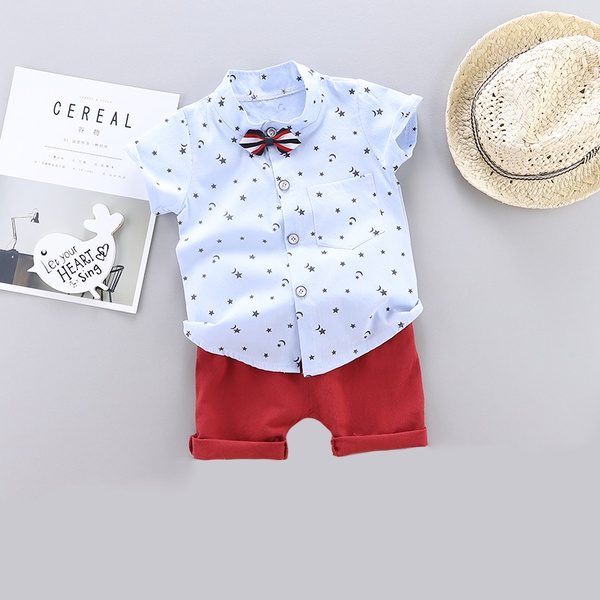 Stars Print Short-sleeve Shirt and Solid Pants Set