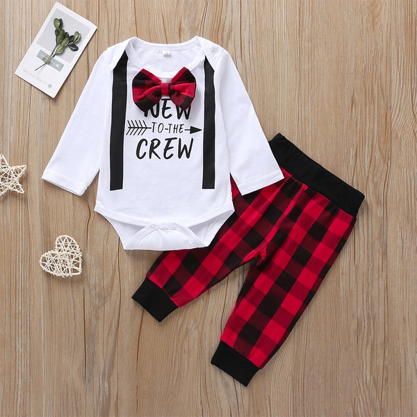 2-piece Baby NEW TO THE CREW Letter Bodysuit and Plaid Pants Set