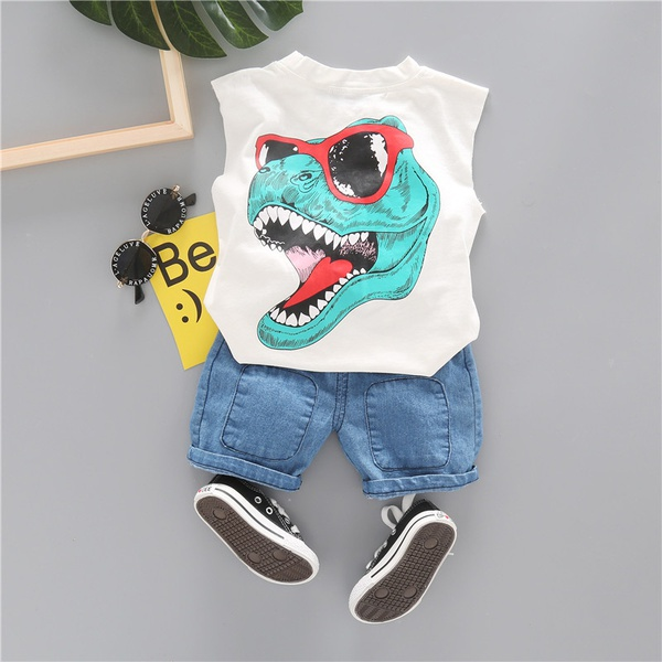Dinosaur Print Sleeveless Top and Denim Pants Set
