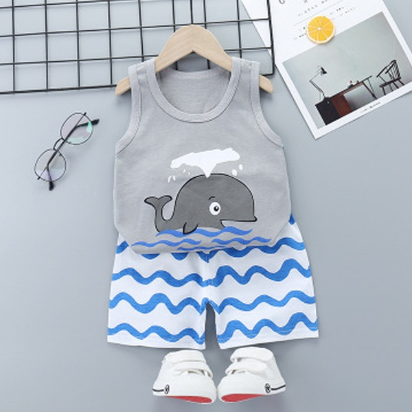 Whale Print Sleeveless Tee and Wave Print Shorts Set