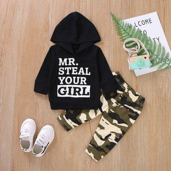 Baby Boy MR STEAL YOUR GIRL Print Hoodie and Camouflage Pants Set