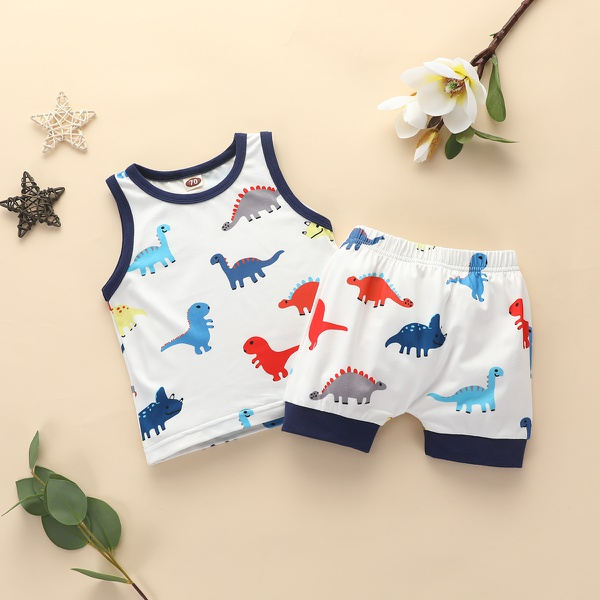 Baby Boy Casual Cartoon Dinosaur Allover Tank and Shorts Set