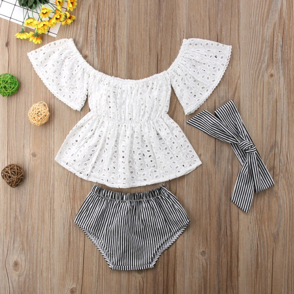 Baby Girl’s Hollow Out Top Striped Shorts and Headband Set