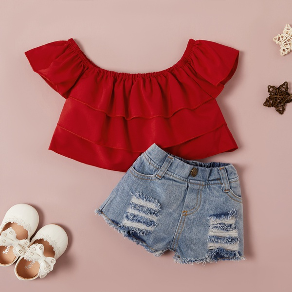 Baby Girl Sweet Solid Top and Denim Shorts Set