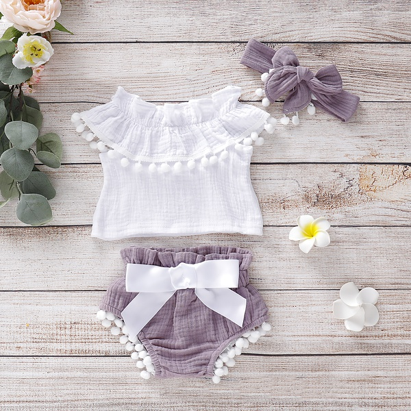 3-piece Baby / Toddler Girl Pompon Decor Flounced Collar Top and Shorts with Headband