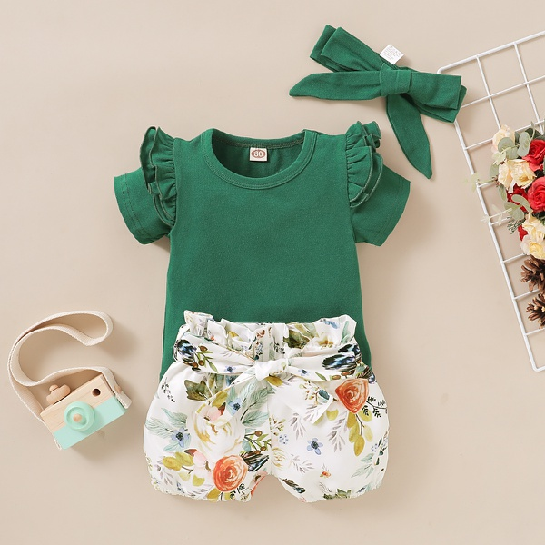 Solid Short-sleeve Top and Allover Shorts with Headband Set