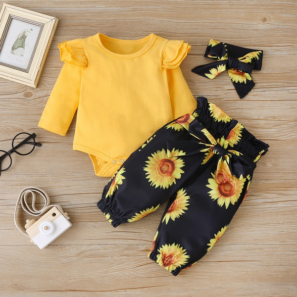 3-piece Baby / Toddler Sunflower Flutter-sleeve Bodysuit and Pants with Headband Set