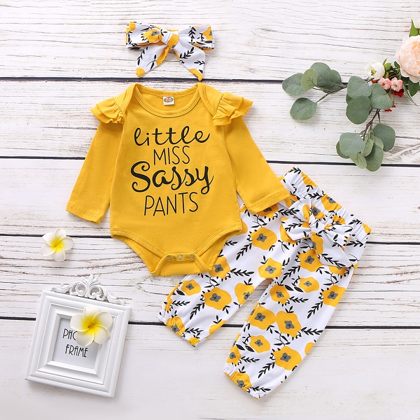3-piece Baby Girl LITTLE MISS SASSY PANTS Print Bodysuit and Floral Belted Pants with Headband Set