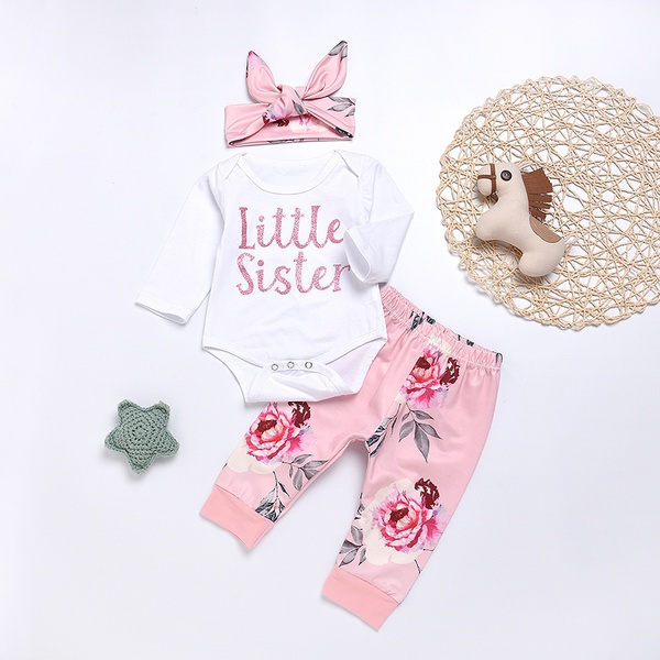 Baby Girl’s LITTLE SISTER Print Bodysuit, Floral Pants and Headband Set
