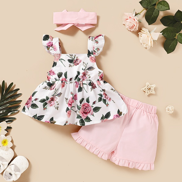 3-piece Allover Flutter-sleeve Top and Shorts Set