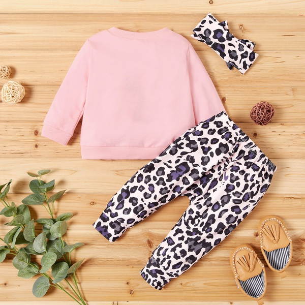 Baby Girl Letter Print Top and Leopard Pants with Headband Set