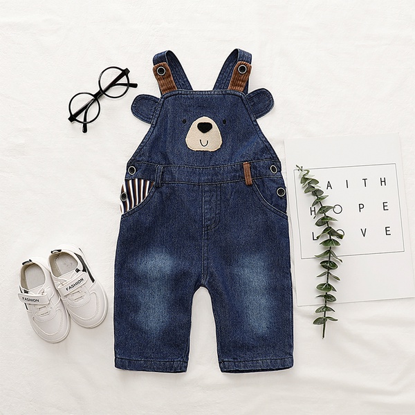 Bear Print Suspender Denim Pants