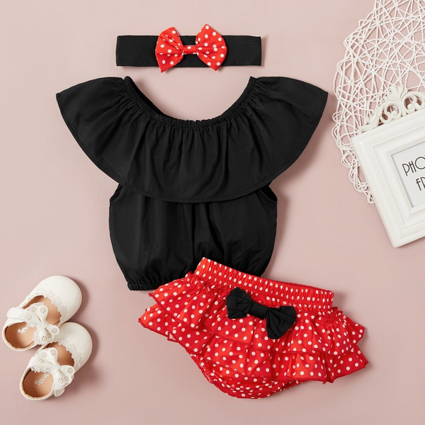Baby Girl Sweet Solid Top and Polka Dots PP Shorts Set with Headband