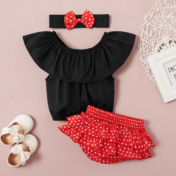 Baby Girl Sweet Solid Top and Polka Dots PP Shorts Set with Headband