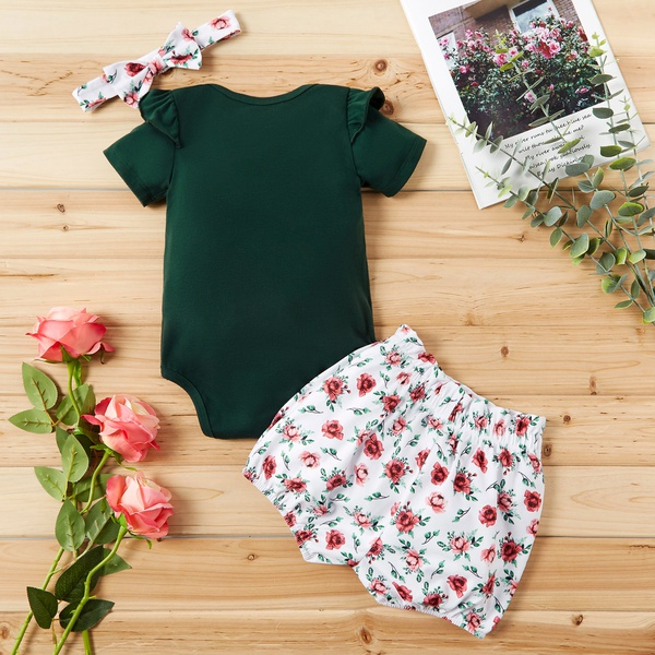 3-piece Baby / Toddler Solid Ruffled Romper and Floral Shorts with Headband Set
