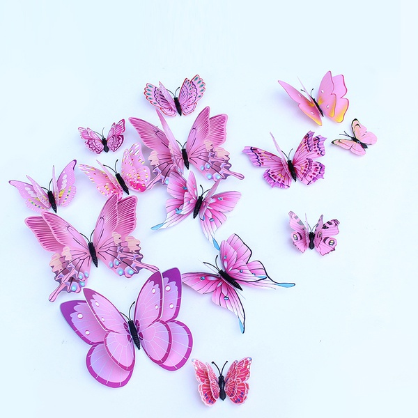 12 Pcs Double Layer Flexible Butterfly Wall Decor-Pink
