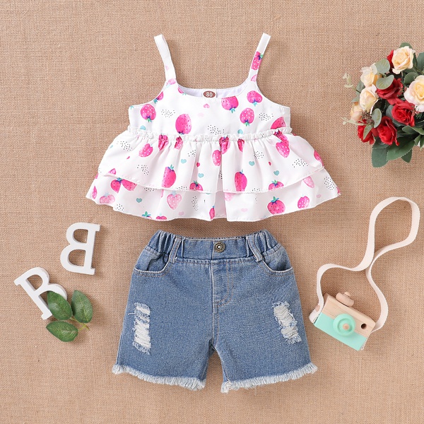 Strawberry Print Flounced Slip Top and Denim Shorts Set