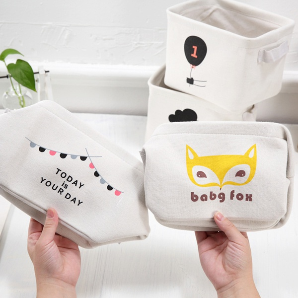 Canvas Desktop Storage Basket Banner Print Desk Organizer Box Stationery Container