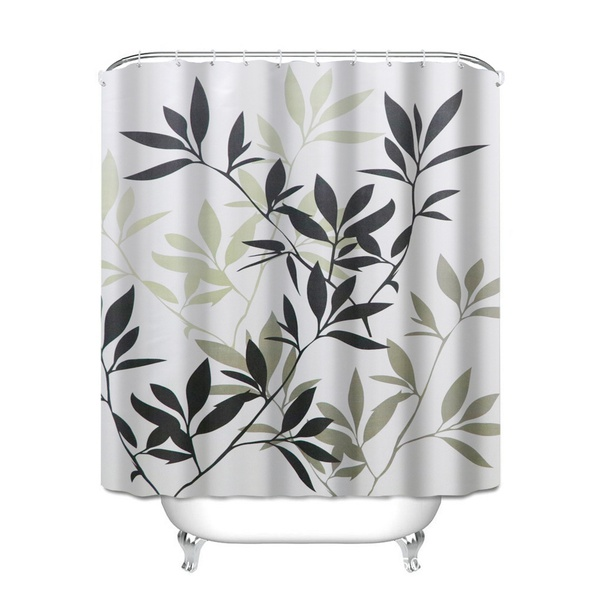 Leaves Print Design Waterproof Mildew Resistant Shower Curtain with Hooks