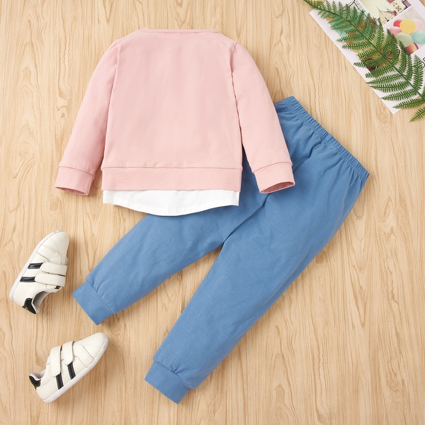2-piece Baby / Toddler Girl Colorblock Pocket Long-sleeve Pullover and Colorblock Pants Set