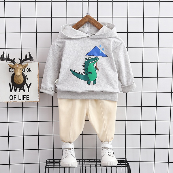 2-piece Baby / Toddler Boy Animal Dinosaur Pattern Hoodie and Solid Knitted Pants Set