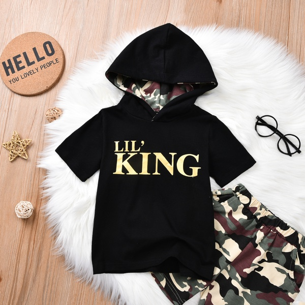 2-piece Baby / Toddler Boy Letter Print Hooded Top and Camouflage Shorts Set