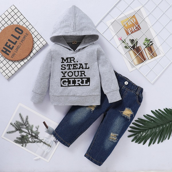 2-piece Baby / Toddler Boy Letter Print Hoodie and Jeans Set