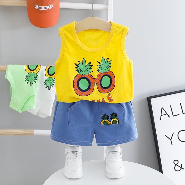 Baby Boy Casual Pineapple Tank Top and Denim Shorts Set (No Shoes )