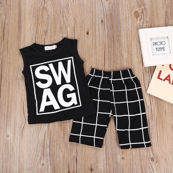 2-piece Toddler Boy SWAG Print Tank and Plaid Pants Set