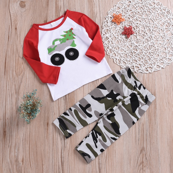 2-piece Toddler Boy Car Print Top and Camouflage Pants Set