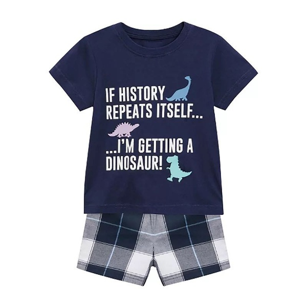 2-piece Toddler Boy Adorable Dino Print Tee and Plaid Shorts Set