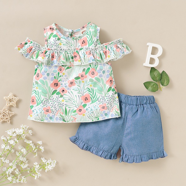 Allover Cold Shoulder Top and Denim Shorts Set