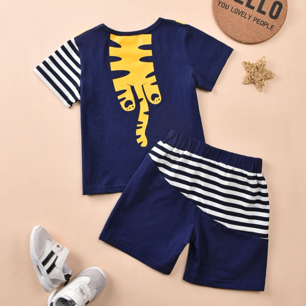 2-piece Toddler Boy Adorable Cat Print Top and Striped Shorts Set