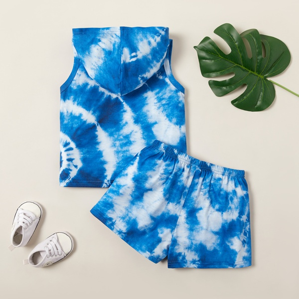 2-piece Toddler Boy Stylish Tie-dye Print Hooded Top and Shorts Set